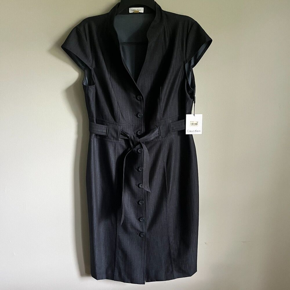Calvin Klein Chambray Cap-Sleeve Button-Front Belted Sheath Dress NWT Dark Blue